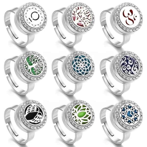 Stainless Steel Crystal Aromatherapy Ring Round 12mm Mini Tree of Life Essential Oil Diffuser Adjustable Open Locket Ring Women - Image 6