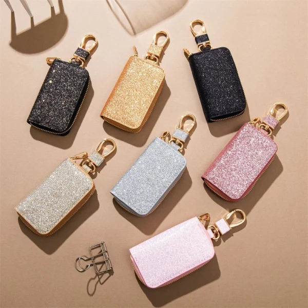 Glitter PU Leather Car Key Bag Zipper Key Holder Pouch Men Women Universal Key Storage Bags Fashion Waist Hanging Keychain